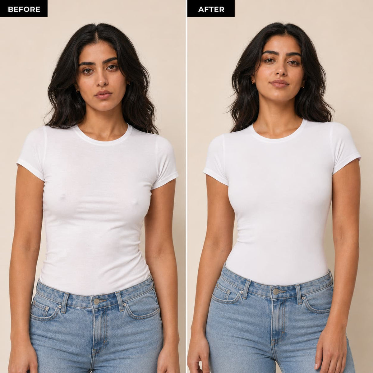 Before and after wearing Pluumz nipple covers under a white t-shirt