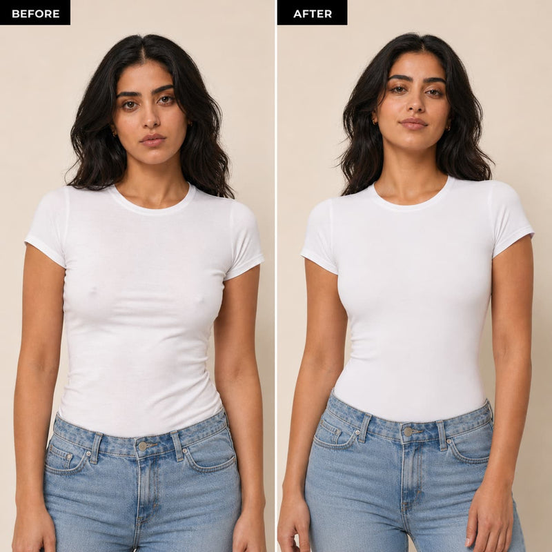 Before and after — Pluumz nipple covers under white t-shirt